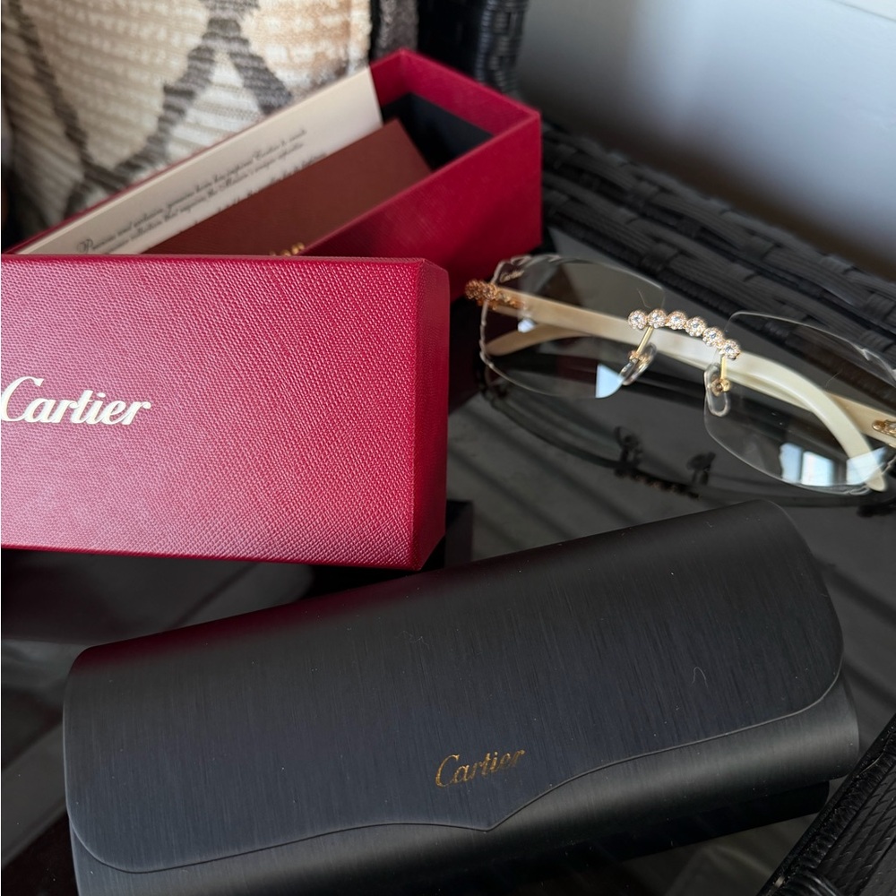 Cartier Gold Rimless Sunglasses with Clear Lenses and Crystal Bridge